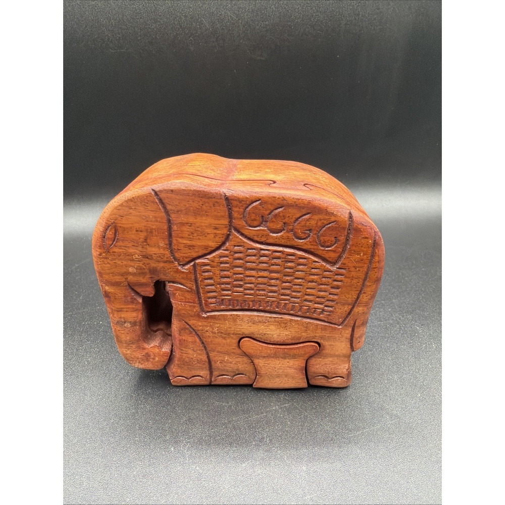 Vintage 4 Piece Handcrafted Wood Elephant Puzzle Box Trinket Secret Storage